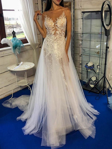 V-neck Elegant Lace Wedding Dresses, Newest See Through Lace A-line Wedding Dresses