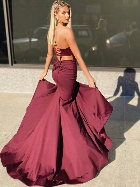 Strapless Mermaid Long Prom Dresses, Popular 2020 Slit Newest Prom Dresses