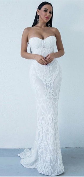 Sweetheart Mermaid Long Prom Dresses, Newest Lace Strapless Prom Dresses