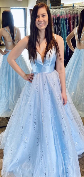 Sky Blue Popular A-line Long Prom Dresses, Sequins Elegant 2020 Newest Prom Dresses