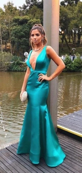 2020 Simple Long Prom Dresses, Deep V-neck Prom Dresses, Mermaid Prom Dresses