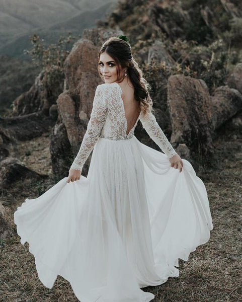 Long Sleeves V-neck Lace Wedding Dresses, Chiffon Beach Wedding Dresses