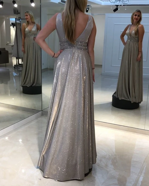 Popular V-neck Long Prom Dresses, Shiny A-line Prom Dresses, 2020 Long Prom Dresses