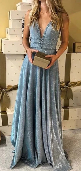 Popular V-neck Long Prom Dresses, Shiny A-line Prom Dresses, 2020 Long Prom Dresses