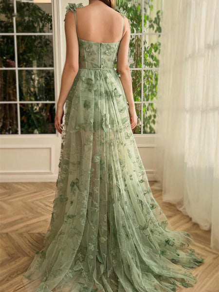 Sage Green 3D Butterfly Lace Prom Dresses, Side Slit Prom Dresses, A-line Prom Dresses, Newest Prom Dresses