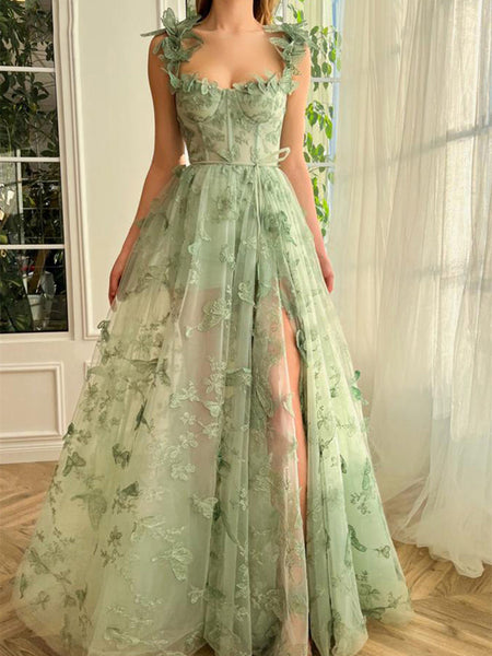 Sage Green 3D Butterfly Lace Prom Dresses, Side Slit Prom Dresses, A-line Prom Dresses, Newest Prom Dresses
