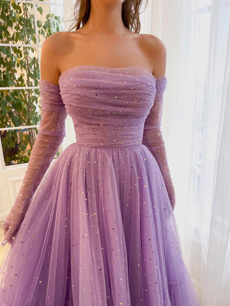 Strapless Purple Star Glitter Tulle Prom Dresses, Ruffled Prom Dresses, 2023 Prom Dresses