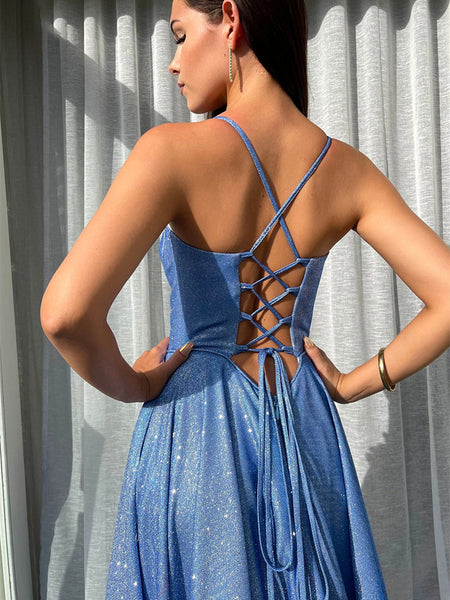 Shemmering Jersey A-line Prom Dresses, High Slit Long Prom Dresses, Unique Prom Dresses, Newest Prom Dresses