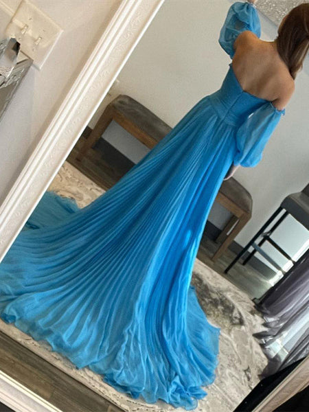 Sky Blue Detachable Sleeves Chiffon Prom Dresses, High Slit Prom Dresses, Newest Prom Dresses