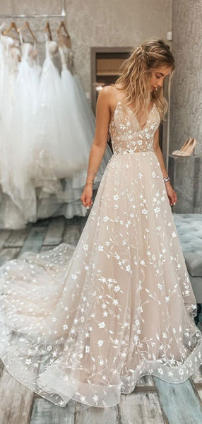 V Neck 2021 Lace Wedding Dresses, A Line Popular Wedding Dresses, Elegant Bridal Gowns