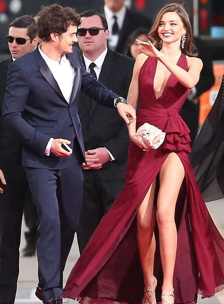Miranda Kerr Burgundy Side Slit Chiffon Prom Dresses, Celebrity Dresses, Long Mermaid Prom Dresses