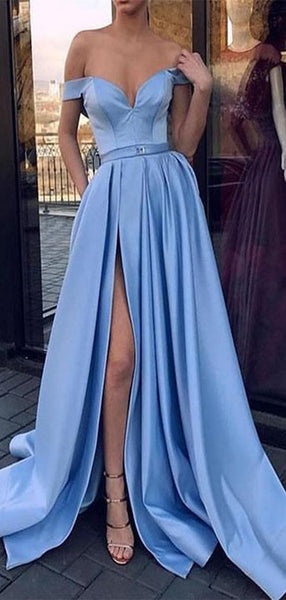 Off The Shoulder Slit Prom Dresses, Cheap Sexy Satin Long Prom Dresses