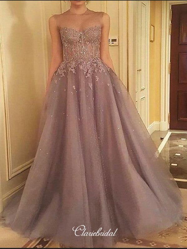 Elegant Lace Long Prom Dresses, Sleeveless Prom Dresses, A-line Prom Dresses
