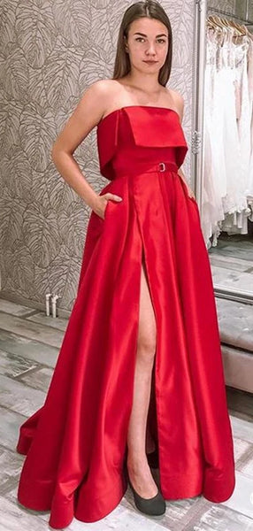 Strapless Red Color Satin Long Prom Dresses, Affordable Slit 2020 Prom Dresses