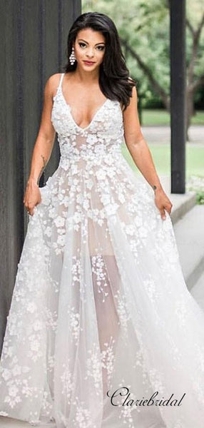 Spaghetti Straps Deep V-neck Wedding Dresses, Lace A-line Wedding Dresses