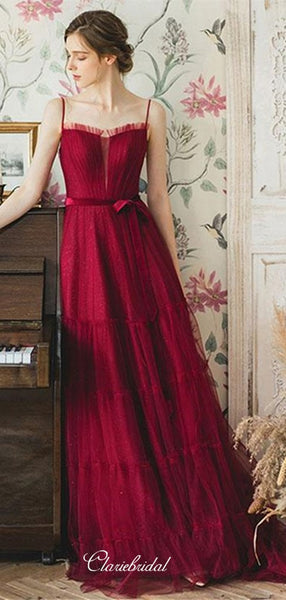 Spaghetti Straps Newest 2020 Prom Dresses, Burgundy Long Prom Dresses, Tulle Prom Dresses