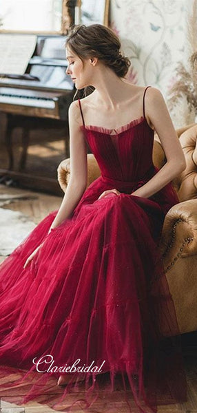 Spaghetti Straps Newest 2020 Prom Dresses, Burgundy Long Prom Dresses, Tulle Prom Dresses