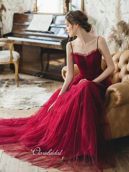 Spaghetti Straps Newest 2020 Prom Dresses, Burgundy Long Prom Dresses, Tulle Prom Dresses