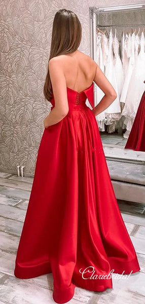 Strapless Red Color Satin Long Prom Dresses, Affordable Slit 2020 Prom Dresses