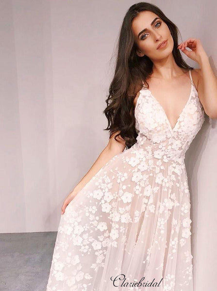 Spaghetti Straps Deep V-neck Wedding Dresses, Lace A-line Wedding Dresses