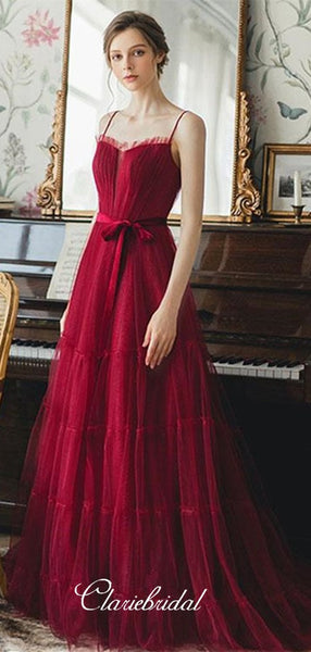 Spaghetti Straps Newest 2020 Prom Dresses, Burgundy Long Prom Dresses, Tulle Prom Dresses