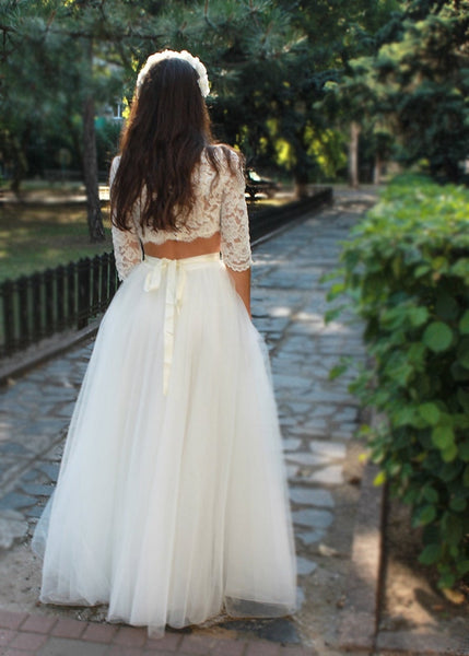 Two Pieces Popular Wedding Dresses, A-line Tulle Wedding Dresses, Lace Wedding Dresses