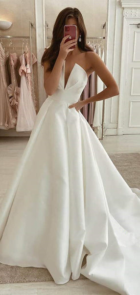 Strapless A-line Long Wedding Dresses, Popular Satin Wedding Dresses, Bridal Gowns