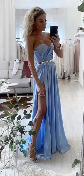 Strapless Chiffon Long Prom Dresses, School Party Prom Dresses, High Slit Prom Dresses