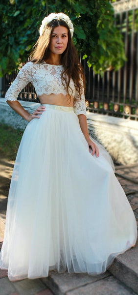 Two Pieces Popular Wedding Dresses, A-line Tulle Wedding Dresses, Lace Wedding Dresses