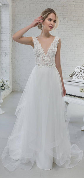 V-neck Appliques Long Wedding Dresses, Elegant 2020 Lace Wedding Dresses