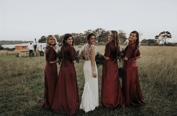V-neck Boho Half Sleeves Burgundy Elastic Satin Bridesmaid Dresses, Long Bridesmaid Dresses