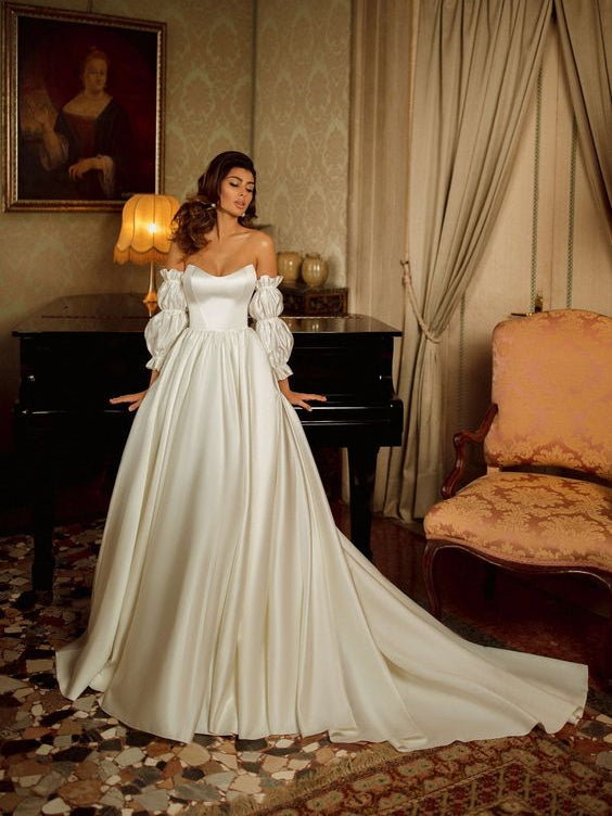 Sweetheart Satin Wedding Dresses With Separately Bubble Sleeves, Elegant Long Wedding Dresses, Popular 2021 Wedding Dresses