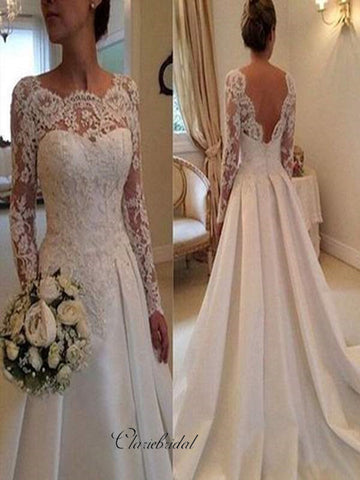 Long Sleeves Lace Wedding Dresses, A-line Satin Wedding Dresses