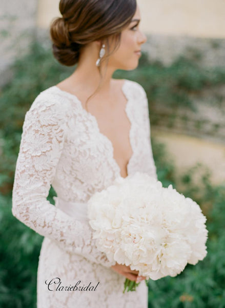 Long Sleeves Lace Wedding Dresses, Deep V-neck Wedding Dresses