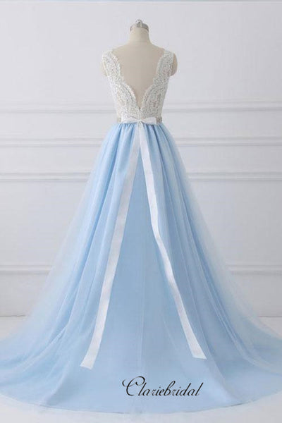 Light Blue Color Lace V-neck Prom Dresses, Long Prom Dresses 2019, A-line Prom Dresses