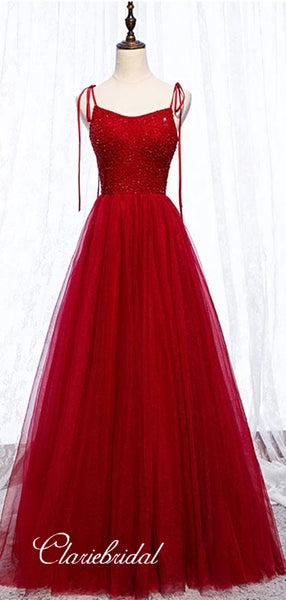 Red Color Tulle Prom Dresses, Beaded A-line Prom Dresses, Popular Newest Prom Dresses