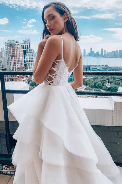 Spaghetti Long Ivory Organza Lace Prom Dresses, Popular 2021 Prom Dresses, Quinceanera Dresses