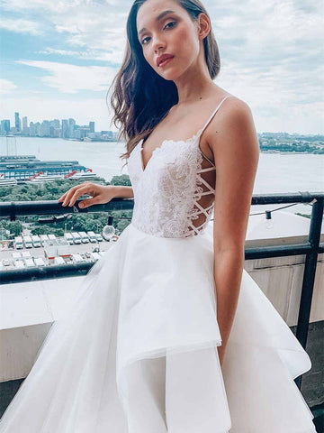 Spaghetti Long Ivory Organza Lace Prom Dresses, Popular 2021 Prom Dresses, Quinceanera Dresses