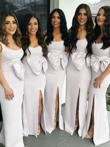 Long Sheath Side Slit Bridesmaid Dresses, Newest Bridesmaid Dresses With Bow, Long Bridesmaid Dresses