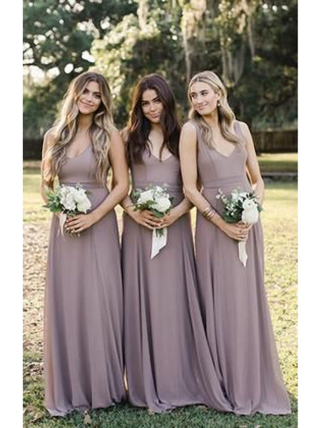 V-neck Long A-line Chiffon Bridesmaid Dresses, Long Bridesmaid Dresses, Simple Bridesmaid Dresses