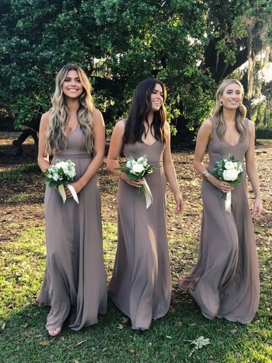 V-neck Long A-line Chiffon Bridesmaid Dresses, Long Bridesmaid Dresses, Simple Bridesmaid Dresses