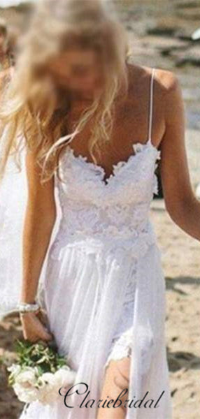 Spaghetti White Lace Side Slit Wedding Dresses,Simple Wedding Dresses