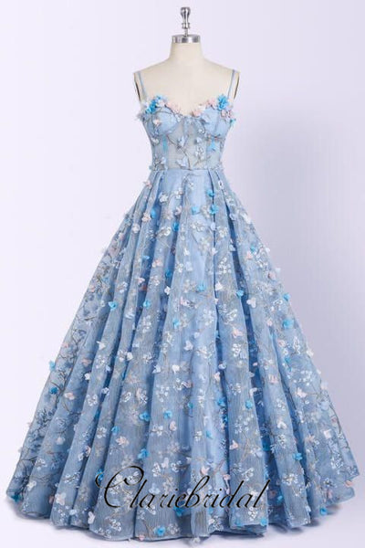 Spaghetti Long A-line Blue Floral Prom Dresses, Newest Prom Dresses, Prom Dresses
