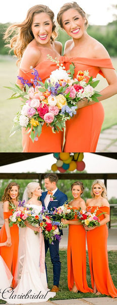 Orange Off The Shoulder Bridesmaid Dresses, Slit Bridesmaid Dresses