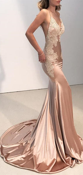 Blush Pink Lace Mermaid Backless Prom Dresses, Sexy Prom Dresses