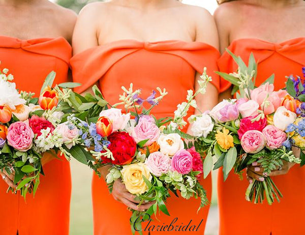 Orange Off The Shoulder Bridesmaid Dresses, Slit Bridesmaid Dresses