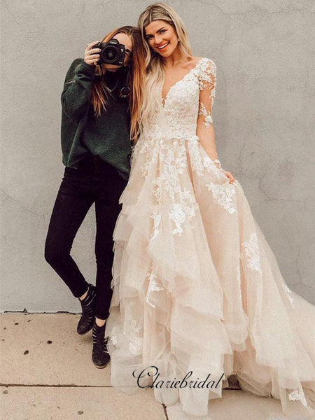 V-neck Lace Long Wedding Dresses, Long Sleeves A-line Wedding Dresses