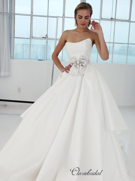 Strapless A-line Satin Wedding Dresses, Elegant Unique Wedding Dresses