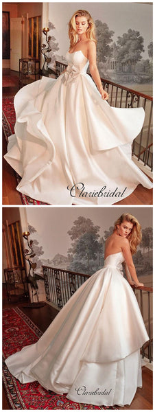 Strapless A-line Satin Wedding Dresses, Elegant Unique Wedding Dresses