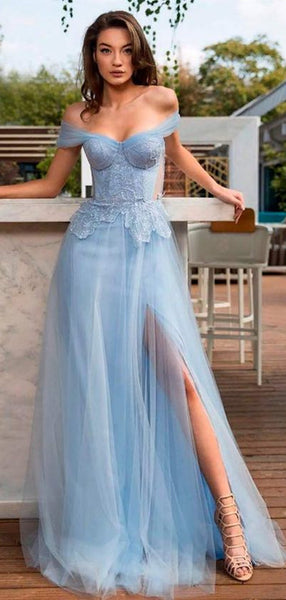 A-line Tulle Elegant Prom Dresses, Off Shoulder Long Prom Dresses, Blue Prom Dresses